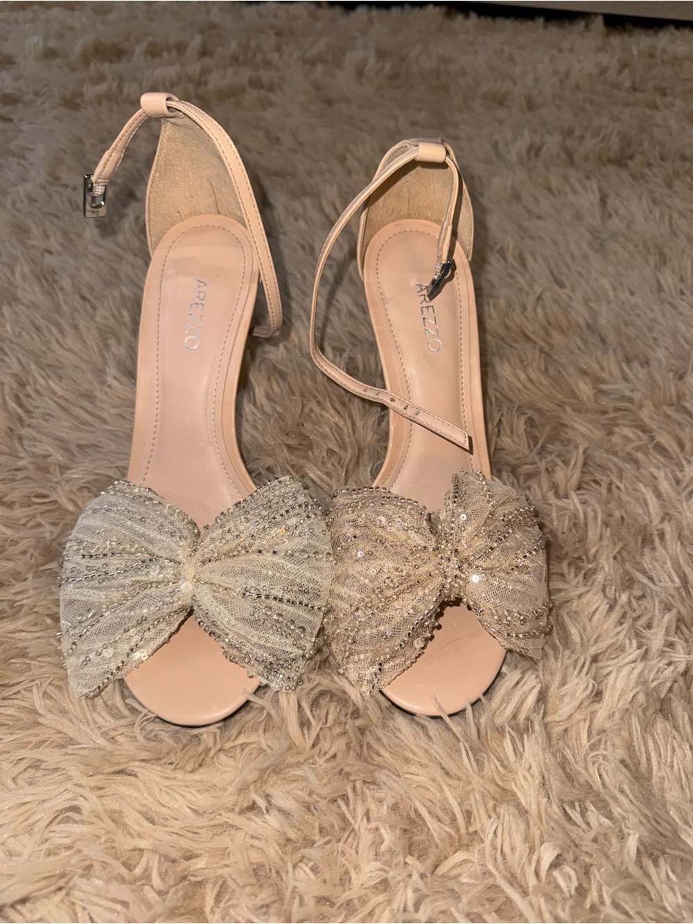 Sequin Bow Ankle-Strap Heels in Blush Pink by Marc Ezo